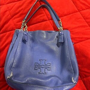 Tory Burch Royal Blue Pebbled Leather Shoulder Bag with Logo